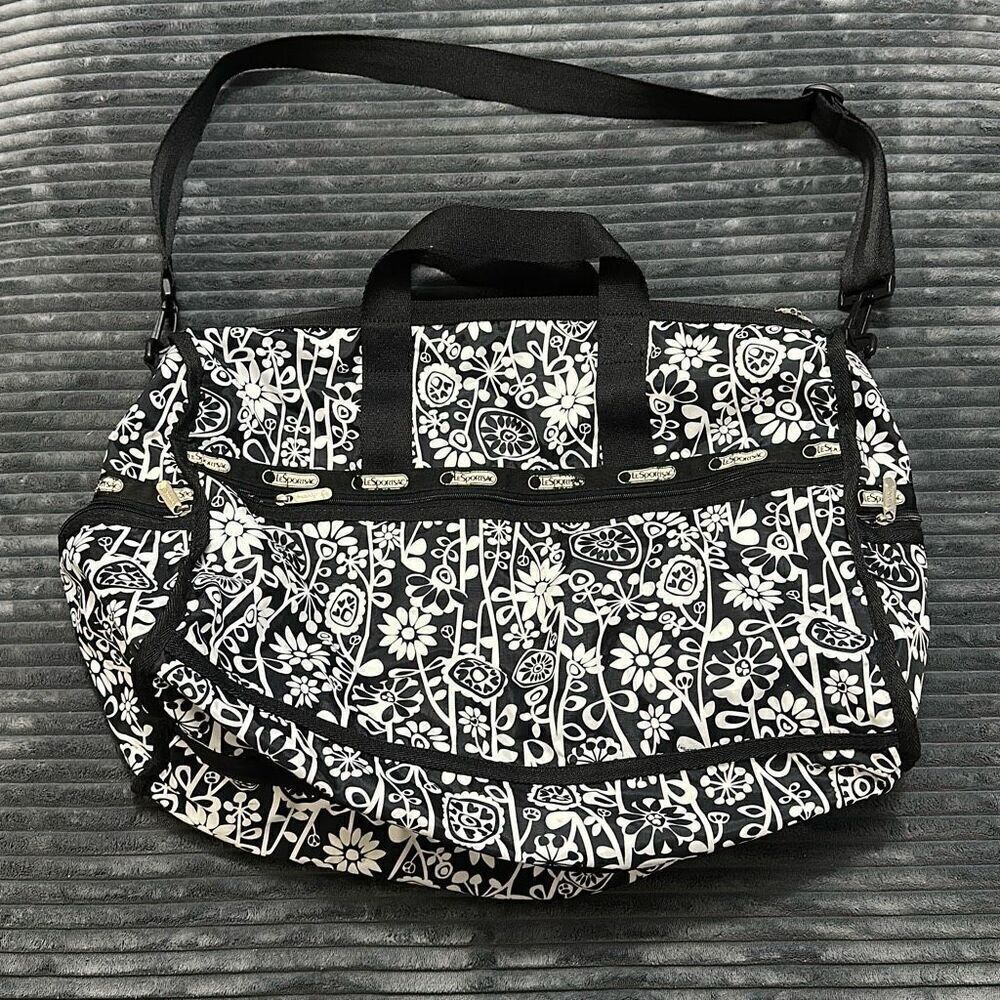 LeSportsac Large Floral Black And White Duffle Bag - Picture 2 of 13